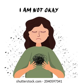 Mental Health Awareness. Illustration of a woman in depressive state of mind. Psychology illustration. Cartoon sadness girl. I am not okay