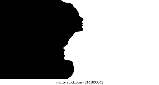 Mental Health Awareness. Metaphor Of Bipolar Disorder Mind, Mood Disorder. Double Face Silhouette Of A Person. Split, Dual Personality Concept Background, Banner With Copy Space For Text. Psychology