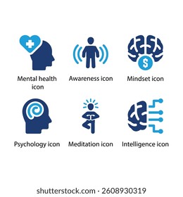 Mental health, Awareness, Mindset, Psychology, Meditation, Intelligence, Blue Icon Set