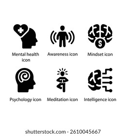 Mental health, Awareness, Mindset, Psychology, Meditation, Intelligence, Black Icon Set