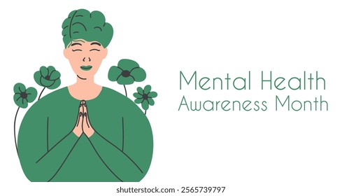 Mental health awareness month background with young woman and flowers. The concept of the beneficial influence of nature on the human psyche