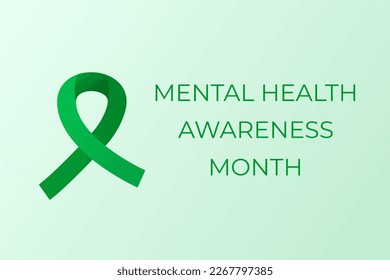Mental Health Awareness Month banner. Green awareness ribbon symbol and text. Vector illustration. 