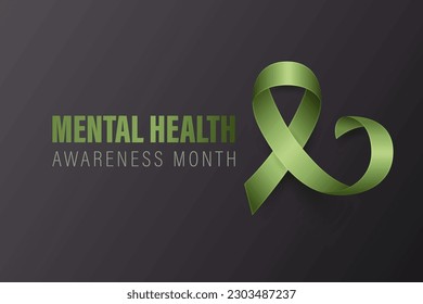 Mental Health Awareness Month Banner, Card, Placard with Vector 3d Realistic Green Ribbon on Black Background. Mental Health Awareness Month - May - Symbol Closeup. World Mental Health Day Concept