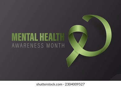 Mental Health Awareness Month Banner, Card, Placard with Vector 3d Realistic Green Ribbon on Black Background. Mental Health Awareness Month - May - Symbol Closeup. World Mental Health Day Concept