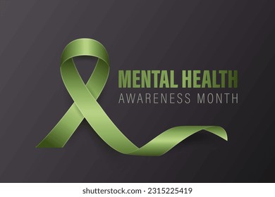 Banner, tarjeta, placa con vector 3d, cinta verde realista sobre fondo negro. Mes de concientización sobre la salud mental - Mayo - Cierre de símbolos. Concepto del Día Mundial de la Salud Mental