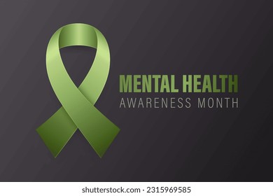 Banner, tarjeta, placa con vector 3d, cinta verde realista sobre fondo negro. Mes de concientización sobre la salud mental - Mayo - Cierre de símbolos. Concepto del Día Mundial de la Salud Mental