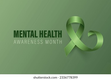 Cartel Mes de Concienciación sobre Salud Mental, Tarjeta, Placard con Vector 3d Cinta Verde Realista sobre Fondo Verde. Mes de concientización sobre la salud mental - Mayo - Cierre de símbolos. Concepto del Día Mundial de la Salud Mental