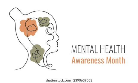 Mental Health Awareness Month banner in May. Minimalistic One line art vector illustration of woman silhouette in flat style. Design of Healthy lifestyle concept with editable stroke.