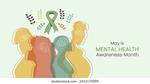 Cartel del Mes de Concienciación sobre Salud Mental con Silhouette de la Mujer. Diseño horizontal de estilo plano para informar y recordar la importancia del buen humor. Concepto de bienestar psicológico con hojas y cinta