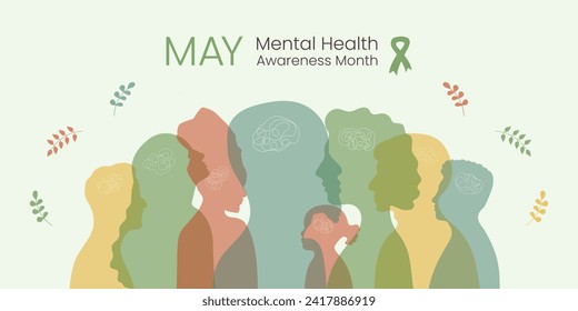 Mental Health Awareness Month Banner with Woman man children Silhouette. Psychological well-being concept with leaves and ribbon. Horizontal May design to remind about importance of good mood.