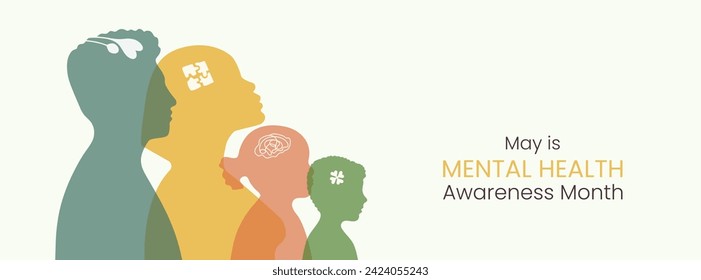 Mental Health Awareness month Banner. Silhouettes of family members man woman children son and daughter. Informing about importance of good state of mind. Psychological well-being presentation.