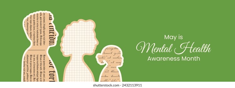 Mental Health Awareness month Banner collage. Silhouettes of family members man woman daughter with paper cut elements. Informing about importance of good state of mind in y2k style.