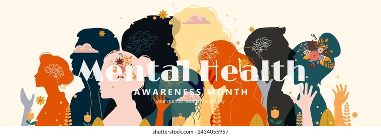 Banner del mes de conciencia de salud mental con silueta de personas. ilustración vectorial