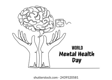 Mental Health Awareness Month banner design. Simple continuous line drawing of both hands raise the brain and the health plus sign. Care about mental health. Health concept design. May is Mental Healt