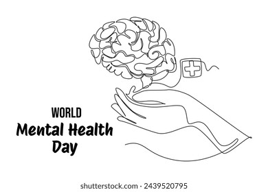 Mental Health Awareness Month banner design. Simple continuous line drawing of brain and health plus sign above hand. Care about mental health. Health concept design. May is Mental Healt Awareness Mon