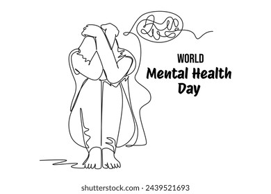 Mental Health Awareness Month banner design. Simple continuous line drawing of woman depressing. Care about mental health. Health concept design. May is Mental Healt Awareness Month