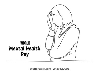 Mental Health Awareness Month banner design. Simple continuous line drawing of girl covered her face with her hand. stress. Care about mental health. Health concept design. May is Mental Healt Awarene