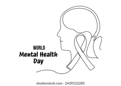 Mental Health Awareness Month banner design. Simple continuous line drawing of human head with health ribbon. stress. Care about mental health. Health concept design. May is Mental Healt Awareness Mon