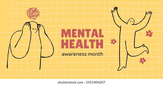 Mental health awareness month banner design. Recovery from depression concept. Hand drawn doodle vector illustration