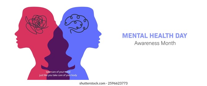 Mental Health Awareness Month banner. People silhouette head isolated. World Mental Health day, concept design with abstract human head profile