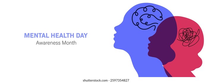 Mental Health Awareness Month banner. People silhouette head isolated. World Mental Health day, concept design with abstract human head profile	

