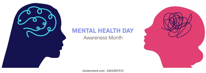 Mental Health Awareness Month banner. People silhouette head isolated. World Mental Health day, concept design with abstract human head profile