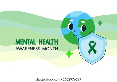 Mental health awareness month banner. Cute cartoon globe planet character. Vector hand drawn doodle flat illustration.