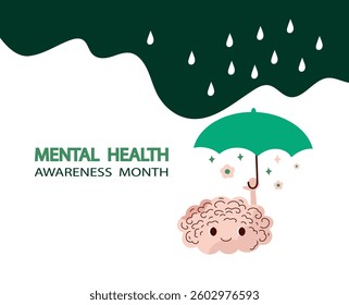 Mental health awareness month banner. Cute cartoon brain character. Vector hand drawn doodle flat illustration.