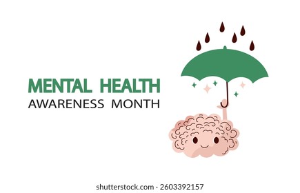 Mental health awareness month banner. Cute cartoon brain character. Vector hand drawn doodle flat illustration.