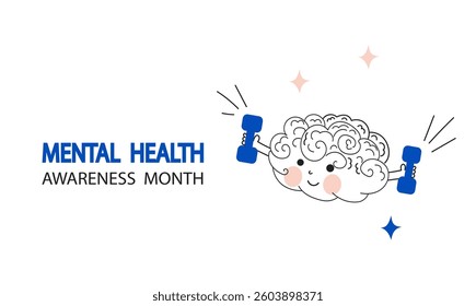 Mental health awareness month banner. Cute cartoon brain character. Vector hand drawn doodle flat illustration.