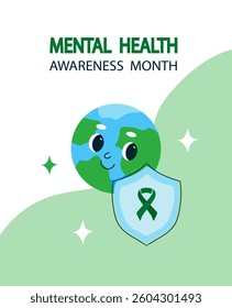 Mental health awareness month banner. Cute cartoon globe planet character. Vector hand drawn doodle flat illustration.