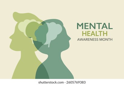 Mental Health Awareness Month banner concept. Two human head with brain in flat design.