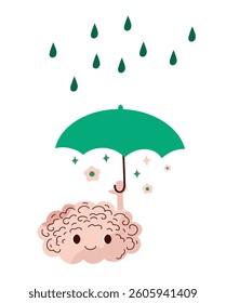 Mental health awareness month banner. Cute cartoon brain character. Vector hand drawn doodle flat illustration.