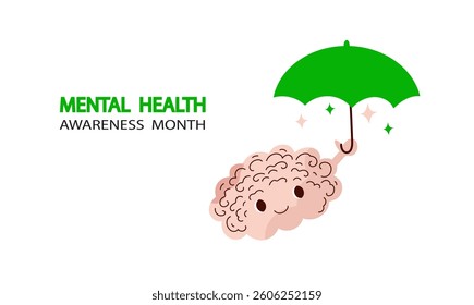 Mental health awareness month banner. Cute cartoon brain character. Vector hand drawn doodle flat illustration.