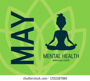 Mental Health Awareness Month Concept. Logo Template With Meditating Woman And Lotus Flower. Vector Illustration In Flat Style.