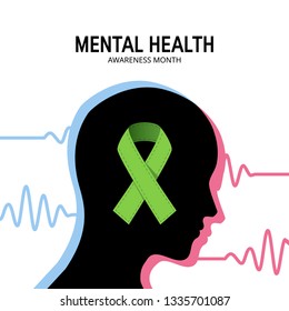 Mental health awareness month concept. Square design with human head, brain waves and green ribbon, vector