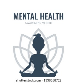 Mental health awareness month concept in flat style. Logo template with meditating woman and lotus flower. Vector illustration