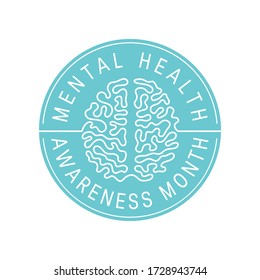 Mental health awareness month concept. Brain continuous line icon in round badge. Vector illustration isolated on a white background.