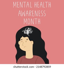 Mental health awareness month concept. Celebrated annually in May. Young woman with scribble in her head. Banner, poster, brochure template.