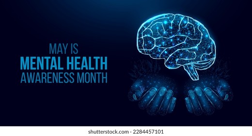 El concepto de mes de conciencia de la salud mental. Dos manos humanas tienen el cerebro humano. Ilustración vector abstracta sobre fondo azul oscuro.    