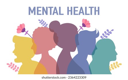 Mental health awareness month concept vector illustration. Silhouette of human head in flat design.