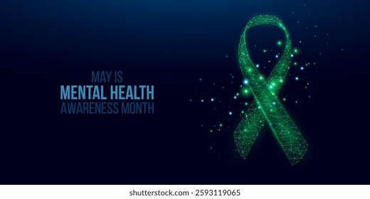 Mental health awareness month concept.Two human hands are holds green ribbon awareness. Abstract vector illustration on dark blue background.    