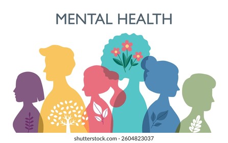Mental health awareness month concept vector illustration. Silhouette of human head in flat design.