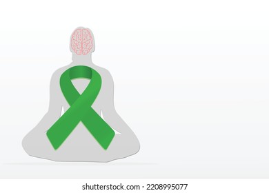 Mental Health Awareness Month. Mental Health Day Concept Banner Design With Green Ribbon  And Brain Icon And Human Figure With White And Gray Gradient Background.