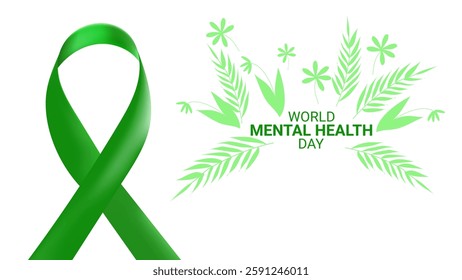Mental health awareness month design layout banner. Green ribbon and plants. Psychological and emotional well-being. Vector illustration.