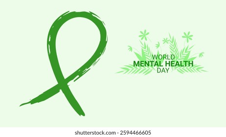Mental health awareness month design layout banner. Green ribbon brush and plants. Psychological and emotional well-being. Vector illustration.