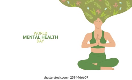 Mental health awareness month design layout banner. Girl meditates. Psychological and emotional well-being. Vector illustration.