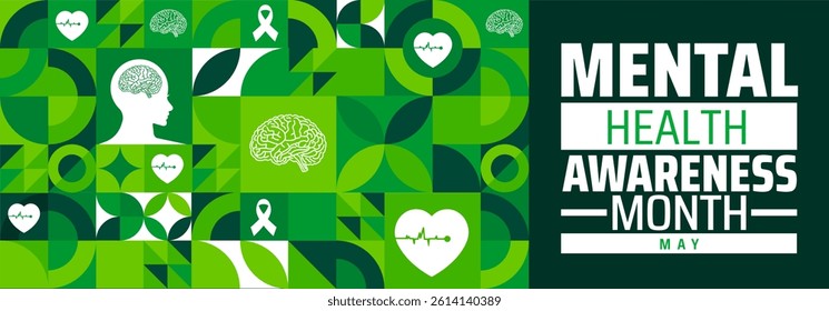 Mental Health Awareness Month Geometric shape pattern background banner or poster design template. observed every year in May. Holiday concept. Use to any Template, card, poster, placard, template.