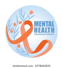 Mental Health Awareness Month. Green awareness ribbon with flowers. Mental Health concept. Flat vector illustration.