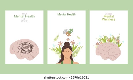 Mental health awareness month layout set poster. Psychological and emotional well-being high degree of self awareness. Vector illustration.